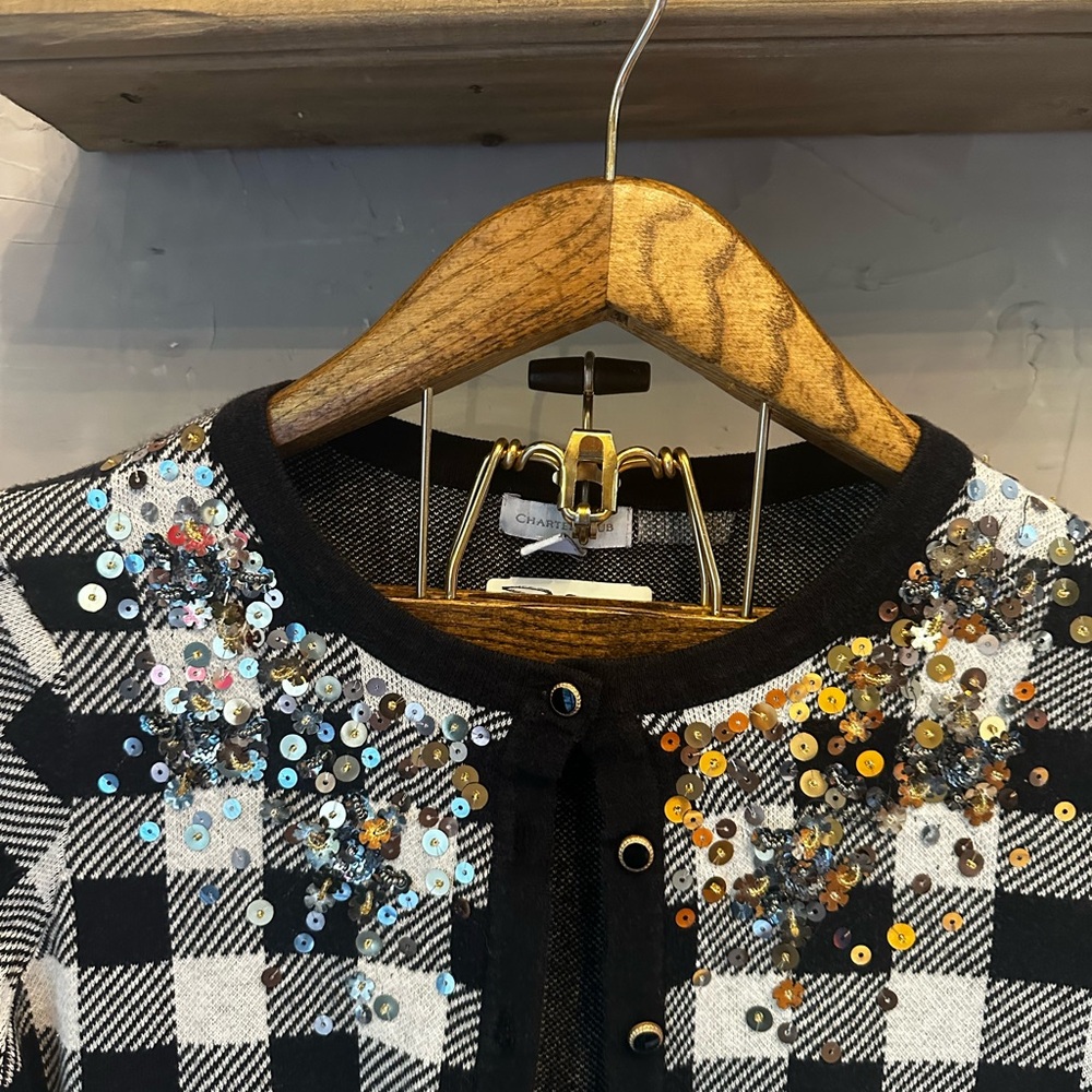 Charter Club Colorful Sequin Gingham‎ Buffalo Plaid Button Down Cardigan Size PL - Picture 8 of 11
